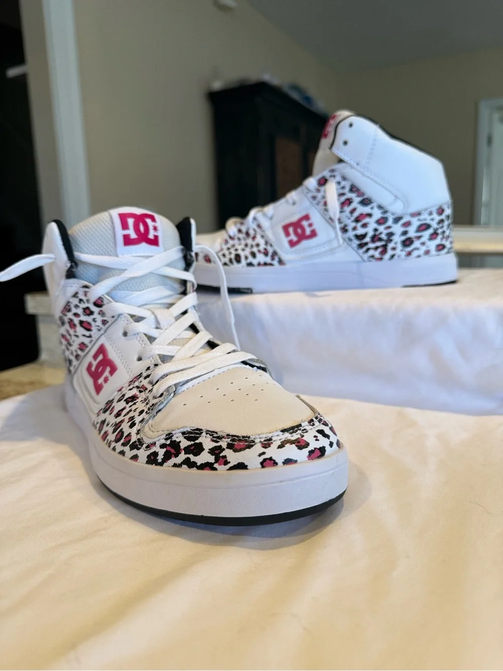 DC Cure Hi White High-Top Sneakers with Pink Leopard Accents